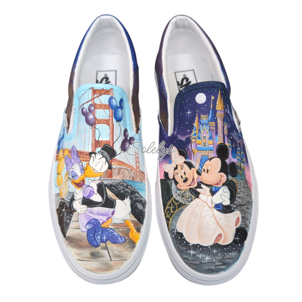 VANS Disney Womens 10 Custom Painted Slip Ons Mickey Minnie Donald Daisy Duck